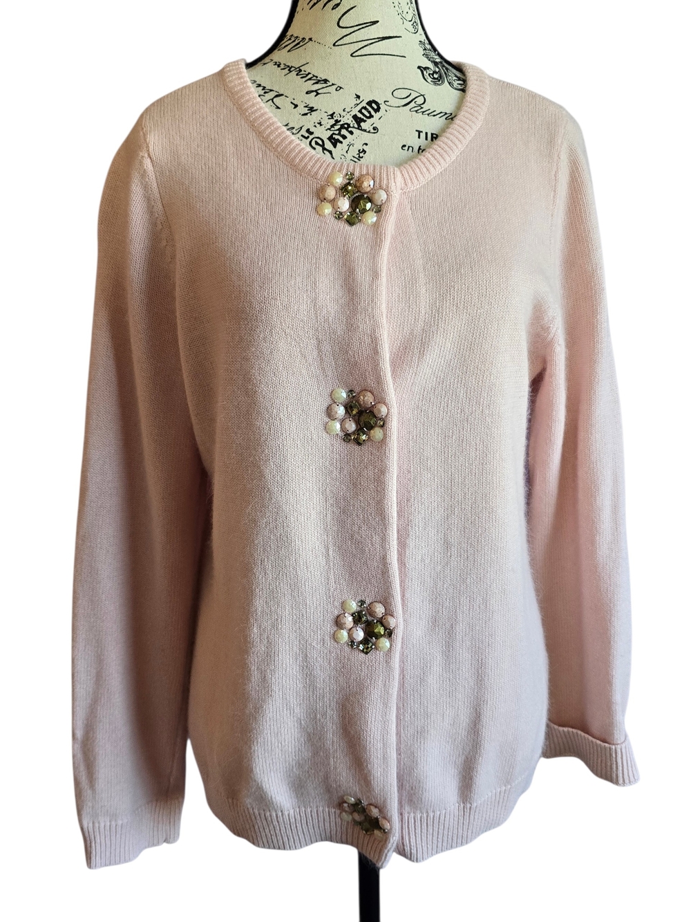 Christopher & Banks Petal Soft Pink Beaded Jeweled Button Angora Wool Cardigan M